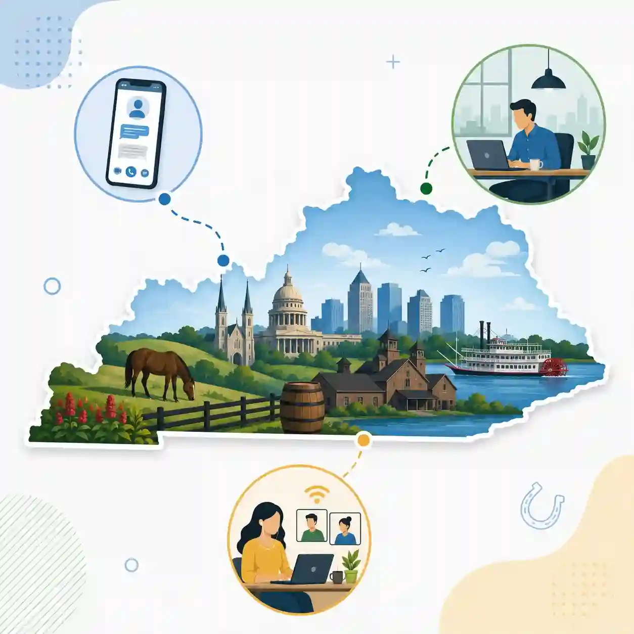 Kentucky state map with icons for mobile, office, remote team and call center connected to a central phone pin